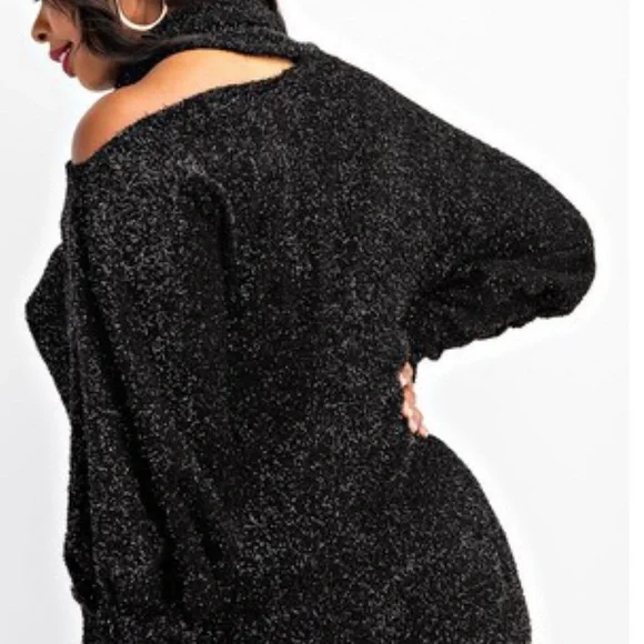 Woman's Size 3X Black Shimmer High Neck Open Shoulder Sweater Dress Fits 22W 24W - Picture 2 of 6